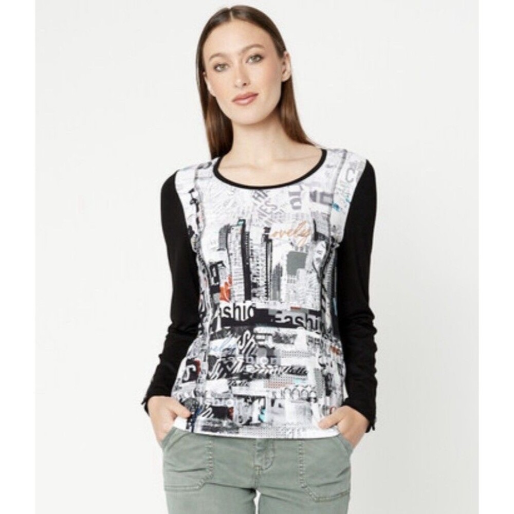 Dolcezza City Life Art Top M Black White Graphic Stretch 74670